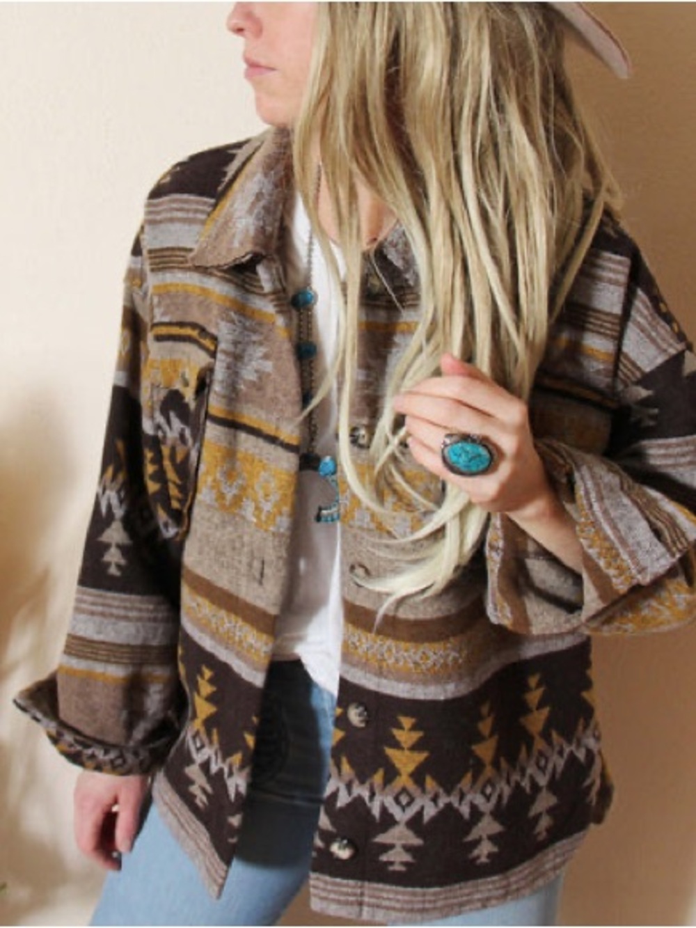 Aztec Shacket Shirt Jacket Boho Western Southwestern Tribal Print Oversized - Picture 7 of 8
